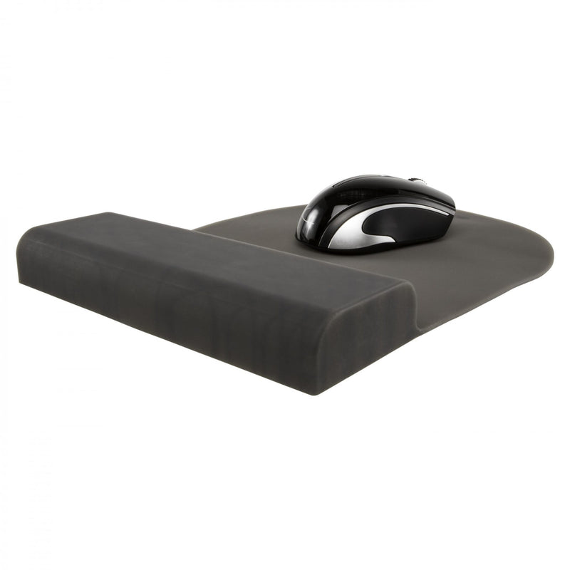 Studio image ErgoFlex Black mousepad three quarter view with mouse on pad